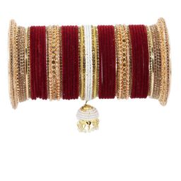 NMII 82 Pcs Zircon Studded & Pearls Beaded Latkan Velvet Chuda Antique Bangles image 4