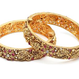 KARATCART Set Of 2 Gold-Plated & Red Stone-Studded Rajwadi Temple Bangles image 4