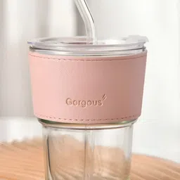 WELOUR Pink & Black 2 Pieces Glass Cups with Straw-27