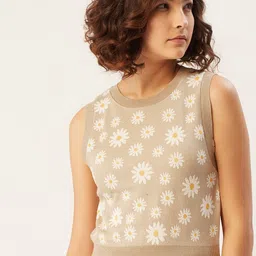 MANGO Women Grey & White Floral Printed Crop Pullover-image-99