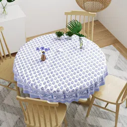 BLOCKS OF INDIA White & Blue Printed Cotton Round Table Cloth-55