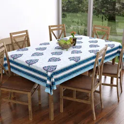 BLOCKS OF INDIA White & Blue Ethnic Motifs Printed 6-Seater Pure Cotton Table Cloth-6