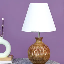 BTR CRAFTS White & Brown Textured Frustum Shaped Wooden Table Lamp with Adjustable Cord-19
