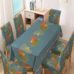 HOKIPO Blue 7 Pieces Printed Chair Covers With Table Cover-8