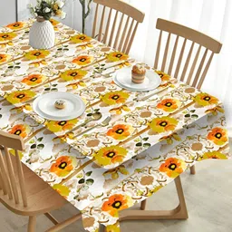 HOMADORN White & Beige Floral Printed 4-Seater Table Cover-12