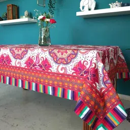 TARA- Sparkling Homes White & Pink Ethnic Motifs Printed Pure Cotton 4 Seater Table Cover-26