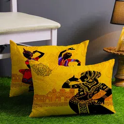 STITCHNEST Set Of 2 Yellow & Black Ethnic Motifs Printed Rectangle Cushion Covers-20