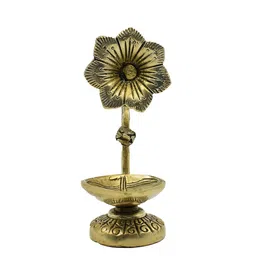 PujaNPujari Gold Toned & Brown Textured Brass Flower Design Standing Table Diya-48
