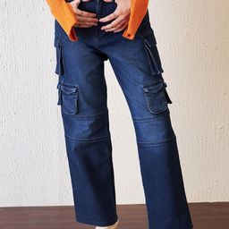 Antheaa Women Blue Comfort Relaxed Fit High-Rise Clean Look Stretchable Denim Cargo-image-60