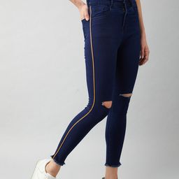 Miss Chase Women Navy Blue High-Rise Slash Knee Light Fade Skinny Fit Stretchable Jeans-image-64