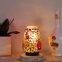 Devansh Grey & Red Mosaic Design Square Shaped Wooden Table Lamp With Glass Shade-29