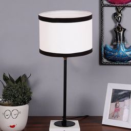 Devansh White & Black Textured Cotton Table Lamp With Wooden Base-21