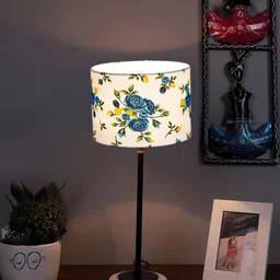 Devansh White & Blue Floral Printed Cotton Table Lamp With Wooden Base-15