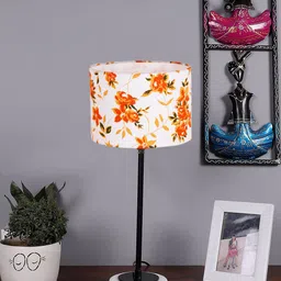 Devansh White & Orange Floral Cotton Table Lamp With Wooden Base-31