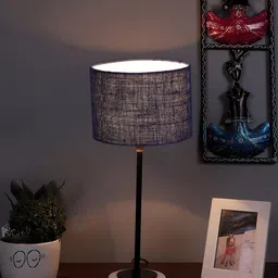 Devansh Blue & White Textured Wooden Table Lamp With Jute Shade-9