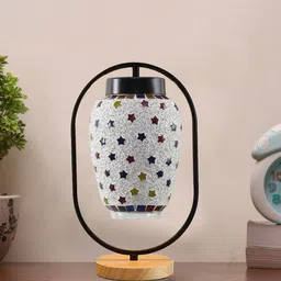 Devansh White & Black Glass Wooden & Iron Cylinder Table Lamp-1