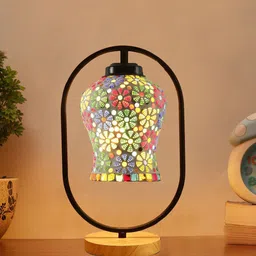 Devansh White & Black Floral Printed Glass Wooden & Iron Table Lamp-19