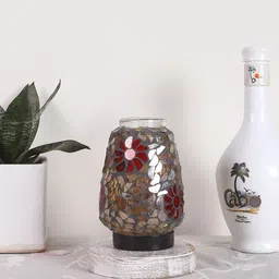 Devansh Grey & Red Mosaic Design Square Shaped Wooden Table Lamp With Glass Shade image 5