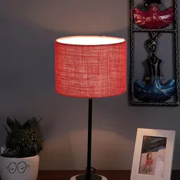 Devansh Pink & Black Textured Wooden Table Lamp With Jute Shade image 5