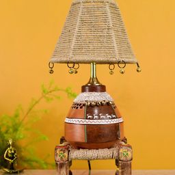 AAKRITI ART CREATIONS Brown & Beige Handcrafted Rosewood & Jute Terracotta Table Lamp-54