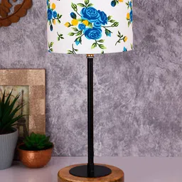 Devansh Multicoloured Floral Cotton Shade Table Lamp with Wood Base-18