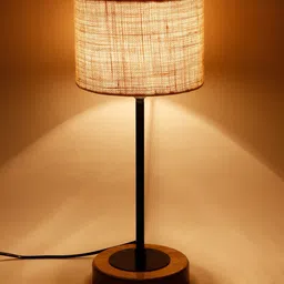 Devansh Drum White Jute Shade Table Lamp with Wood Base-15