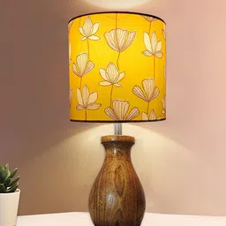 Homesake Brown & Yellow Printed Cylinder Wooden Table Lamp-35