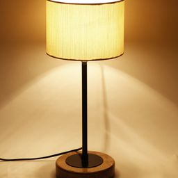 Devansh Drum Off White Cotton Shade Table Lamp with Wood Base-11