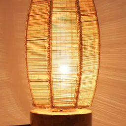 Devansh Beige Round Wooden Table Lamp with Dholak Bamboo Shade-22