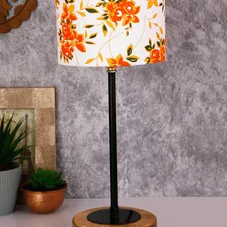 Devansh White Floral Printed Cotton Shade Table Lamp with Wood Base-14