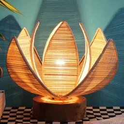 Devansh Beige Rose Bamboo Shade with Round wood Base Table Lamp-34