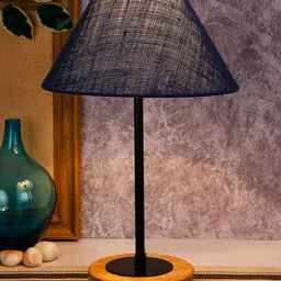 Devansh Blue Jute Shade Table Lamp with Wood Base-0