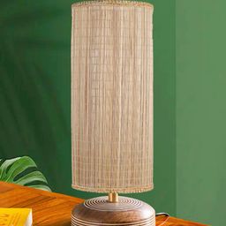 Devansh Beige Textured Wooden Traditional Cylindrical Shaped Table Lamp-9