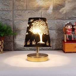 Devansh Black Textured Metal With wood Round Base Table Lamp-17