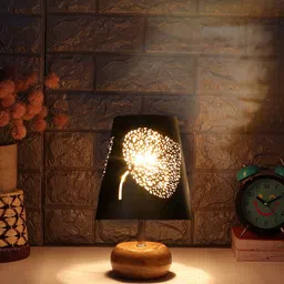 Devansh Black Leaf Textured Metal With Wooden Round Base Table Lamp-30