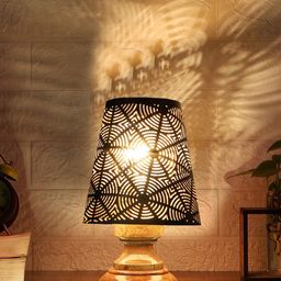 Devansh Black Textured Metal with wooden Round Base Table Lamps-12