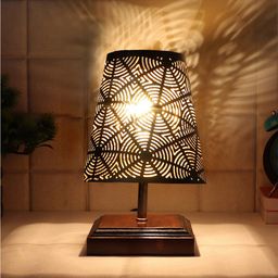 Devansh Black Textured Metal with Brown wooden Square Base Table Lamp-11
