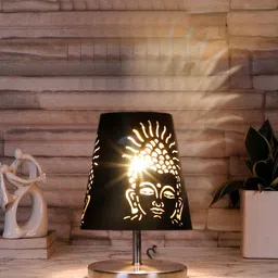 Devansh Black Textured Metal With wood Round Base Table Lamp-15