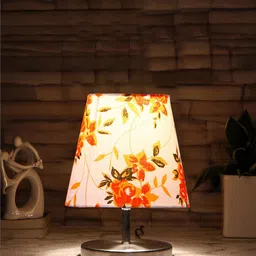 Devansh White Floral Printed Round Metal Steel Table Lamp-12