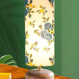 Devansh White & Blue Floral Printed Wooden Cylindrical Shaped Contemporary Table Lamp-29