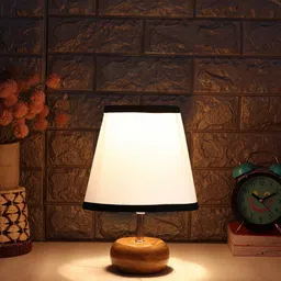 Devansh White Cotton Round Frustum Wooden Table Lamp-28