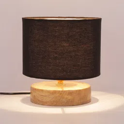 Devansh Black Drum Table Lamp With Wood Base image 2