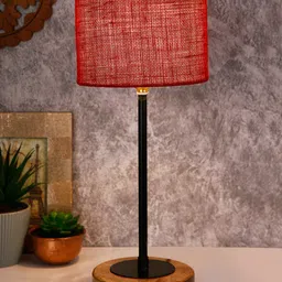 Devansh Drum Maroon Jute Shade Table Lamp with Wood Base image 2