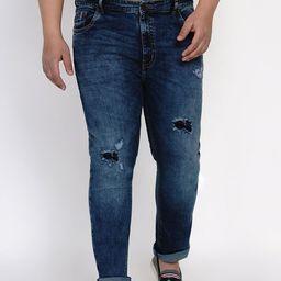 John Pride Plus Size Men Navy Blue Mildly Distressed Light Fade Stretchable Jeans-0