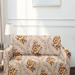 Cortina Beige & Brown Floral Printed 2-Seater Super-Stretchable Non-Slip Sofa Slipcover-image-63