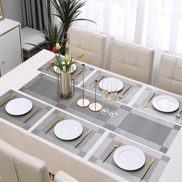 HOKIPO Grey 7-Pieces Textured & Colourblocked Rectangular Table Placemats & Table Runner image 4