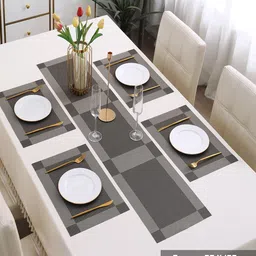HOKIPO Grey 5-Pieces Textured & Colourblocked Rectangular Table Placemats & Table Runner image 5