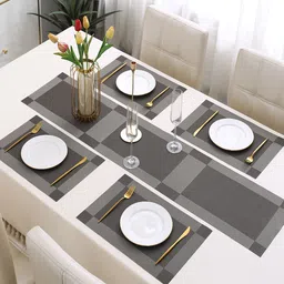 HOKIPO Grey 5-Pieces Textured & Colourblocked Rectangular Table Placemats & Table Runner image 4