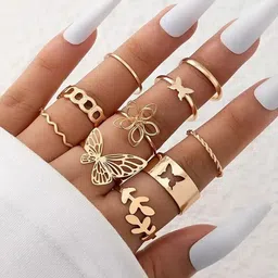 Jewels Galaxy Set of 10 Gold-Pleated Adjustable Finger Rings-51