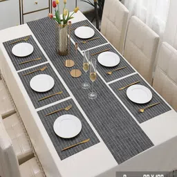 HOKIPO Grey 7-Pieces Striped Rectangular Table Placemats & Table Runner image 3